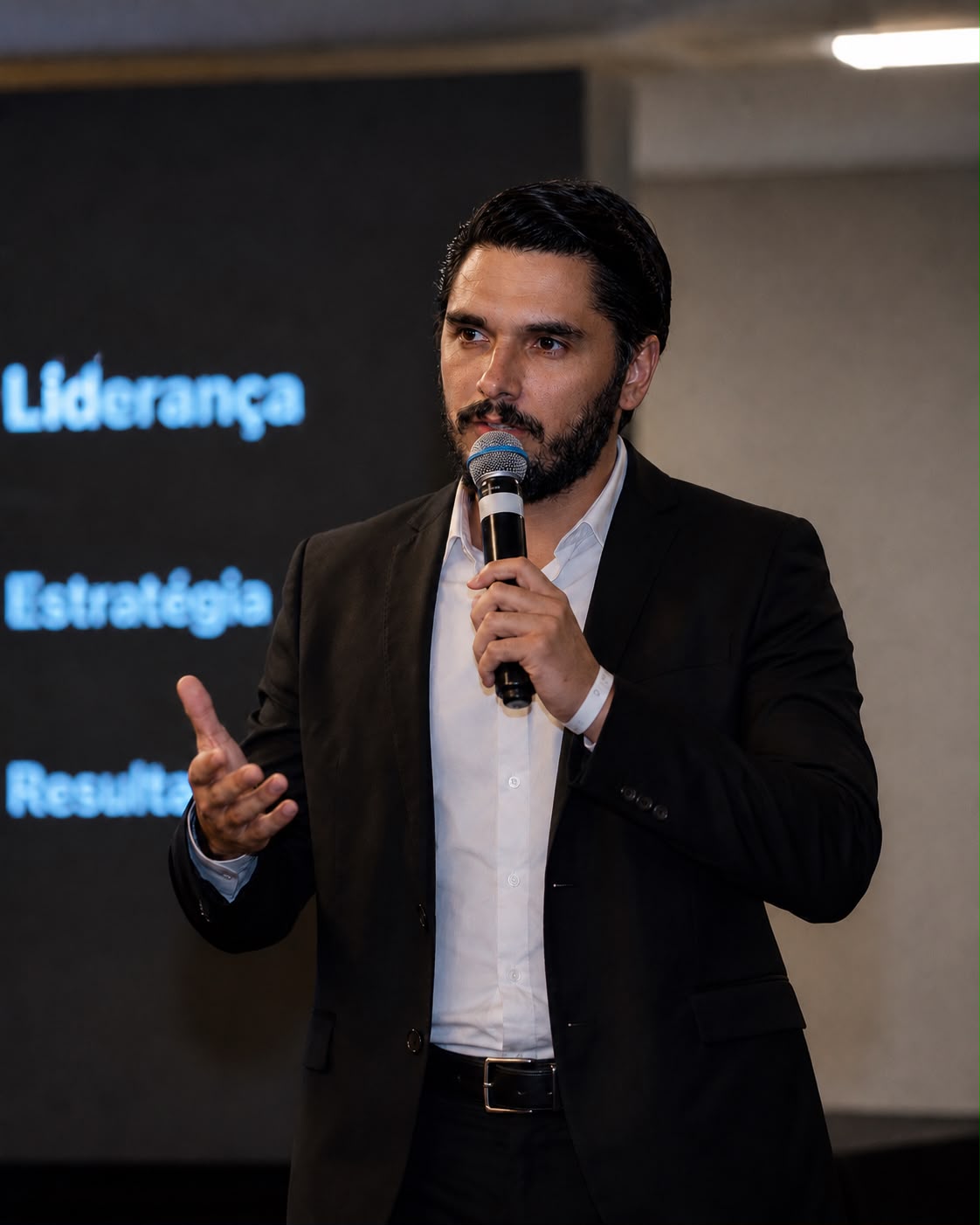João Victor Soares falando ao microfone em uma palestra